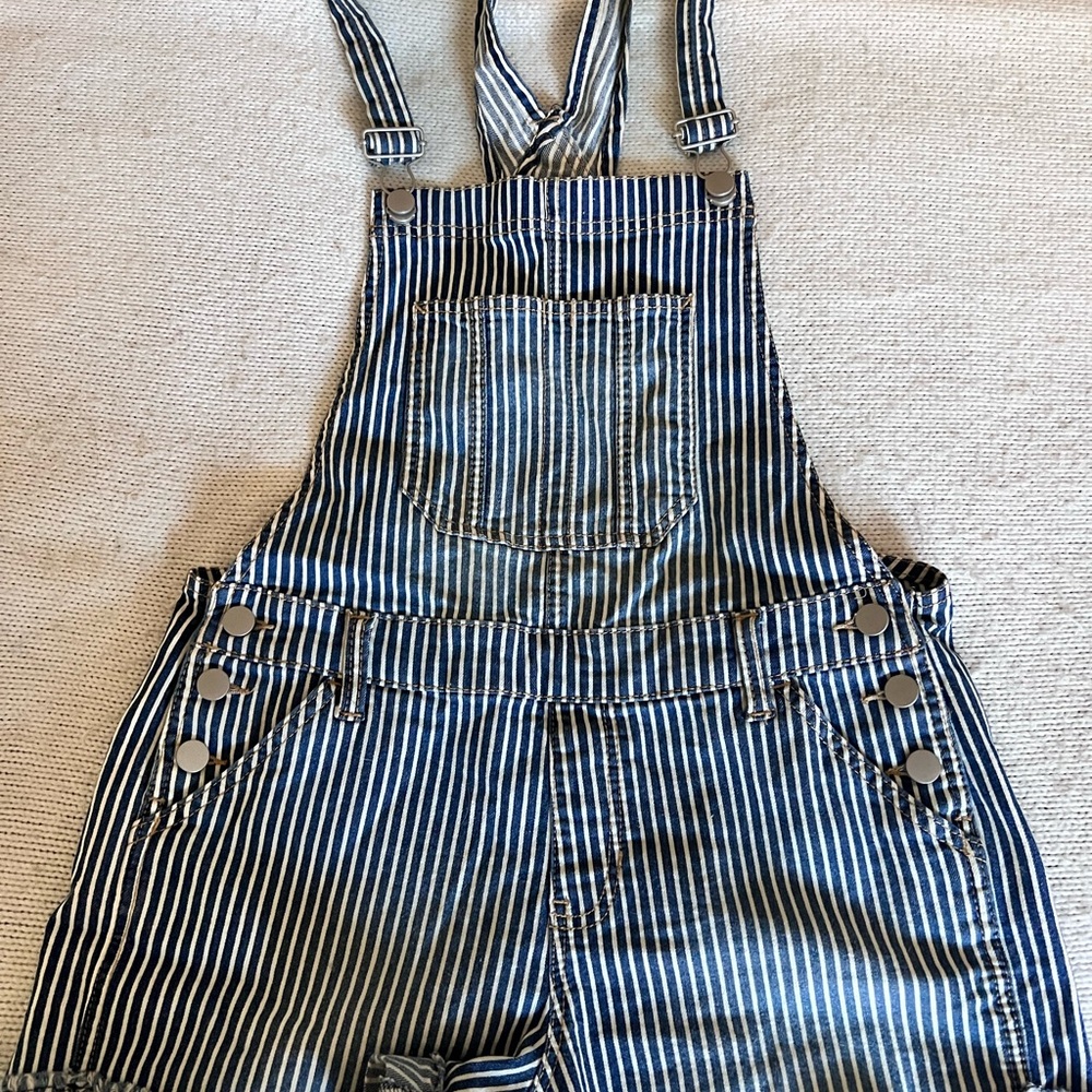 No Boundaries Navy and White Striped Women's Denim Overalls